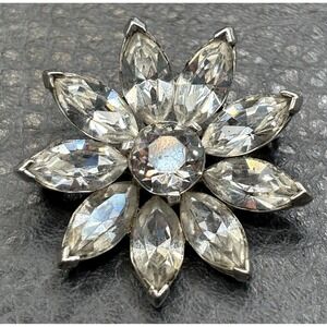Vintage Kramer of New York Rhinestone Flower Starburst Brooch Silver Tone